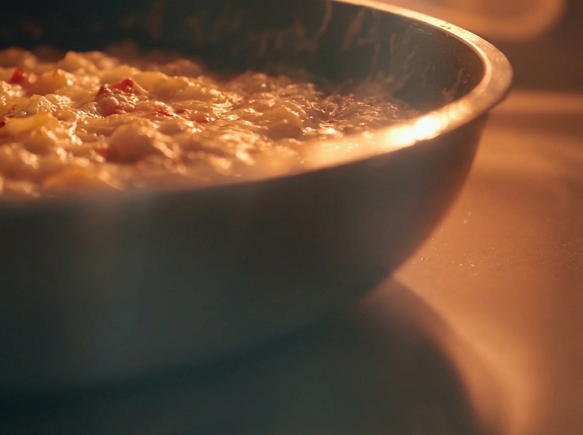Pasta in a creamy sauce being seasoned with black pepper in a pan.