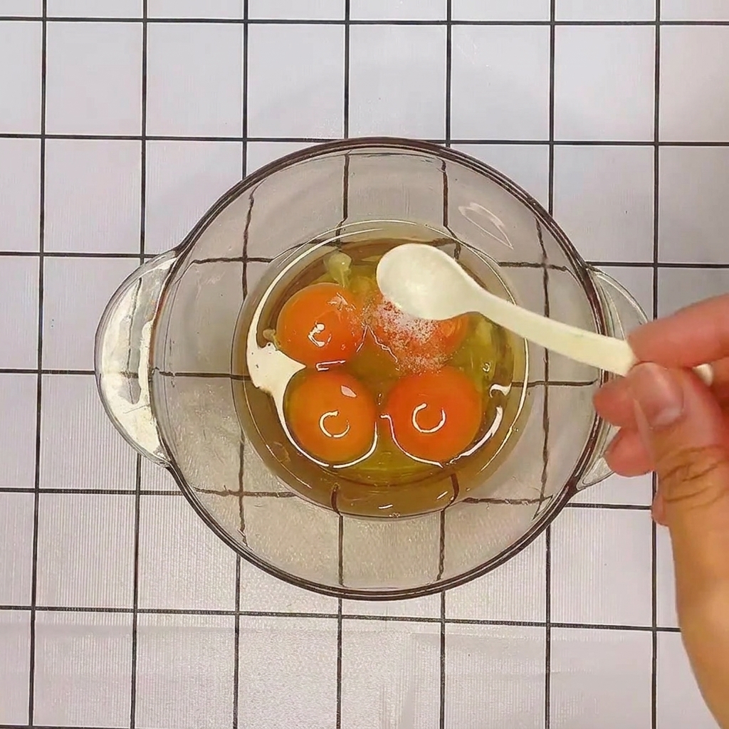 The ingredients for the sauce, including eggs, salt, pepper, and shredded cheese, collected in a clear mixing bowl.