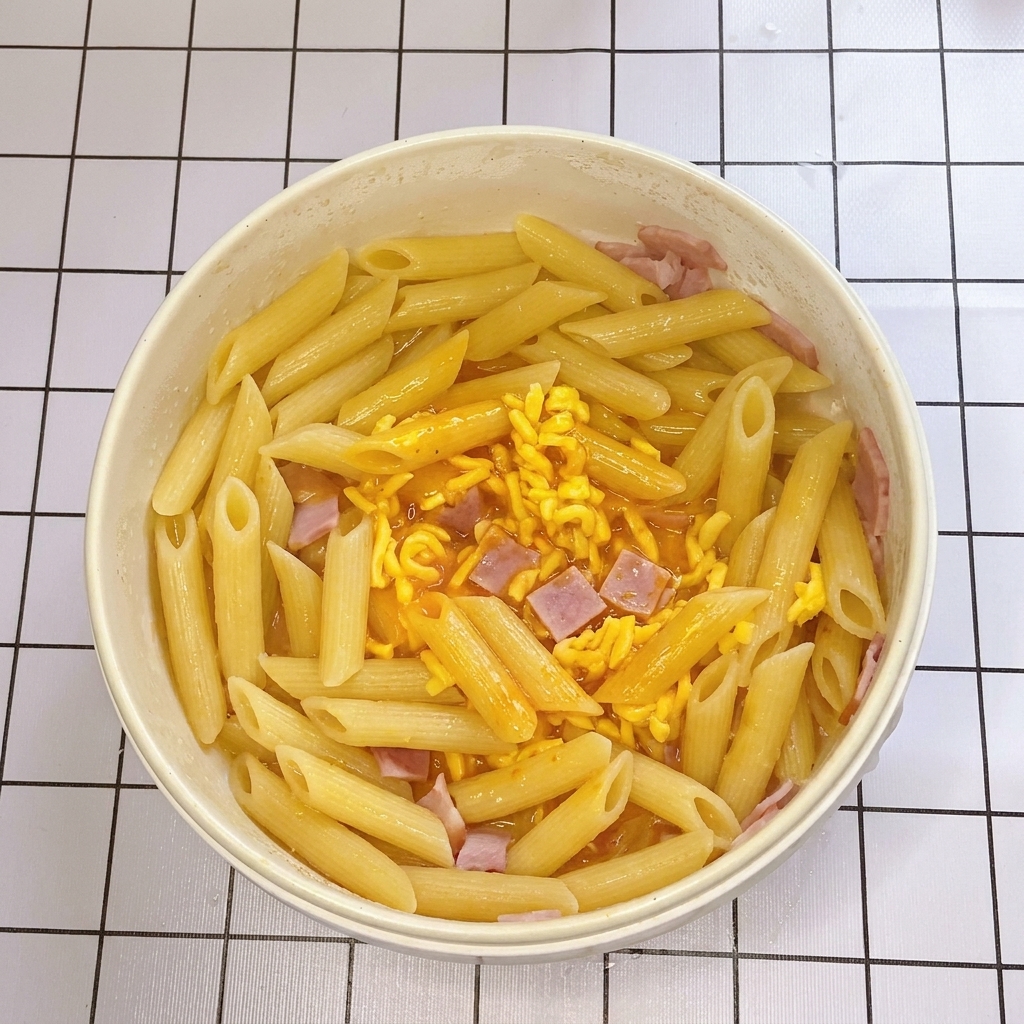 A pan containing penne pasta and bacon pieces with a rich egg and cheese mixture being poured over them.