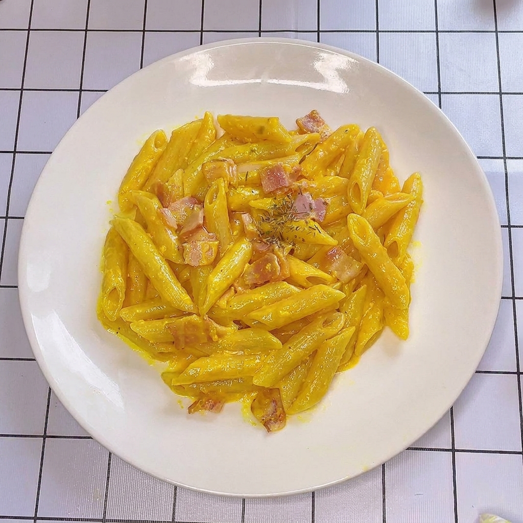 A plate of cooked carbonara pasta being garnished with a sprinkle of dried green herbs.