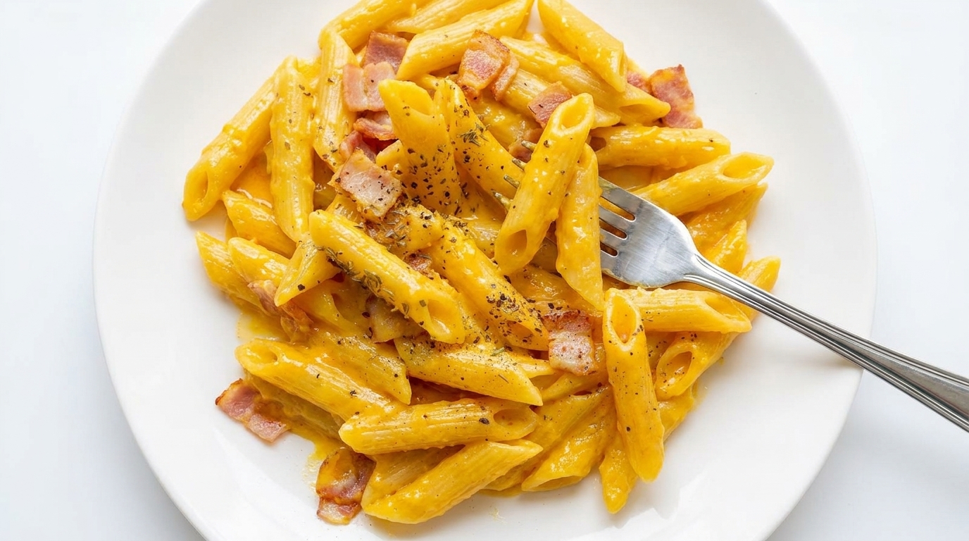 A satisfying plate of creamy cheese and bacon penne pasta, finished with a crack of black pepper and dried herbs.