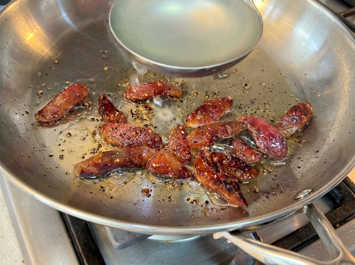 Starchy pasta water being added to a pan with browned sausage pieces.