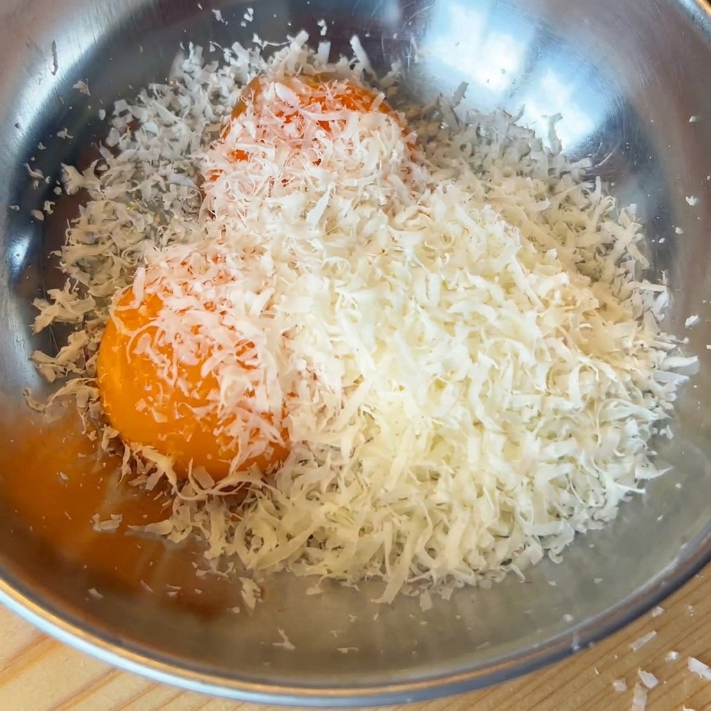 Two egg yolks in a bowl covered with freshly grated cheese.
