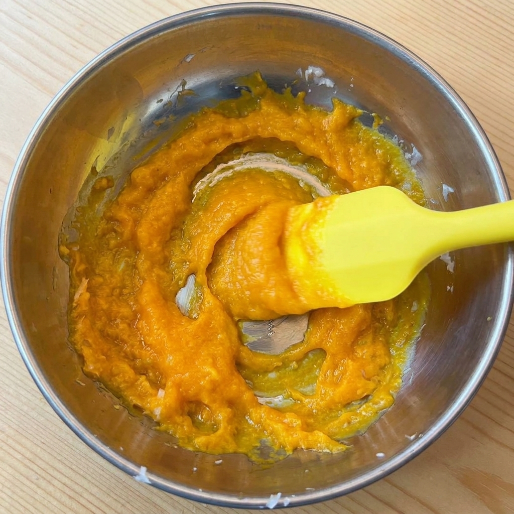 A thick, golden yellow egg and cheese paste being mixed in a metal bowl with a spatula.