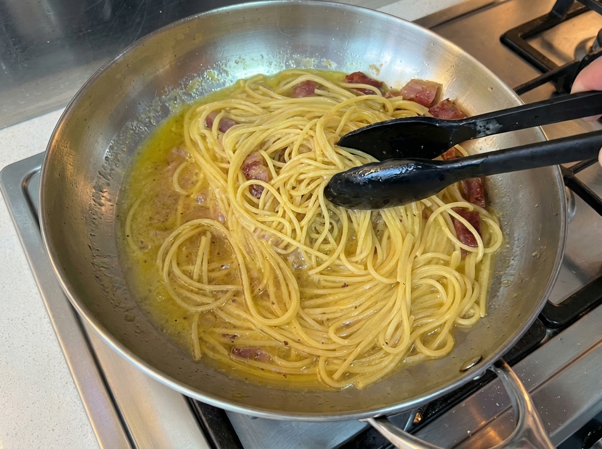 Spaghetti being tossed in a stainless steel pan with pieces of meat and a golden, flavorful liquid base.