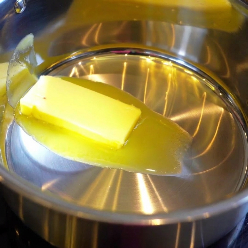 A knob of butter melting in a stainless steel pot with flour being stirred in to create a roux.