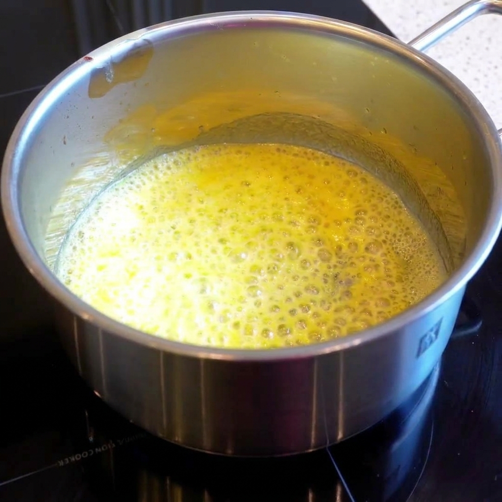 Heavy cream and milk being whisked into a roux in a pot on the stovetop.