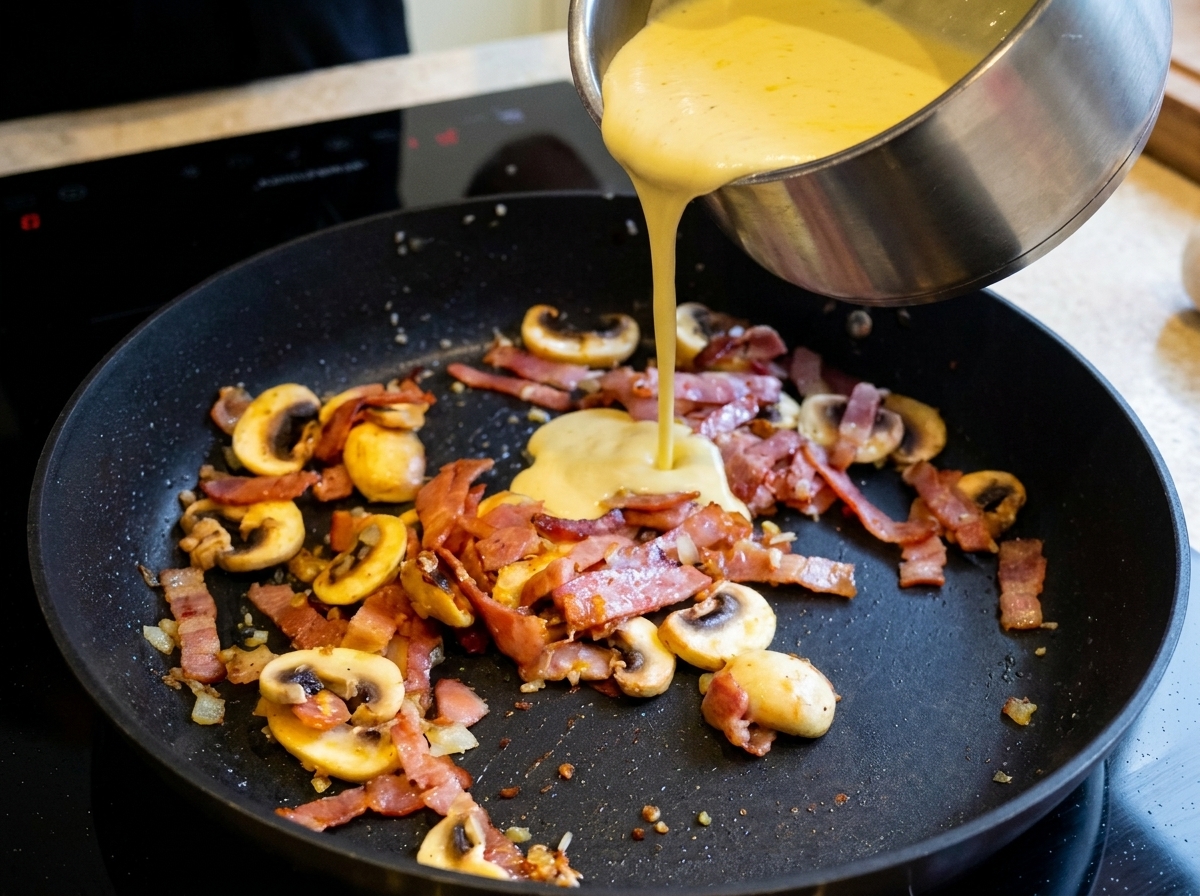 Creamy white sauce being poured into a pan over a mixture of bacon and mushrooms.