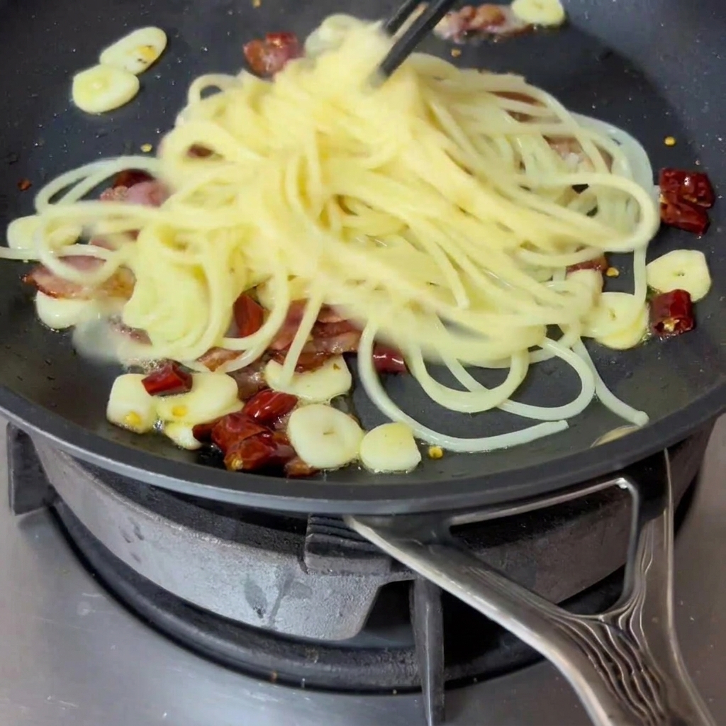 Boiled spaghetti being transferred using chopsticks from a pot into a pan with sautéed bacon and aromatics.