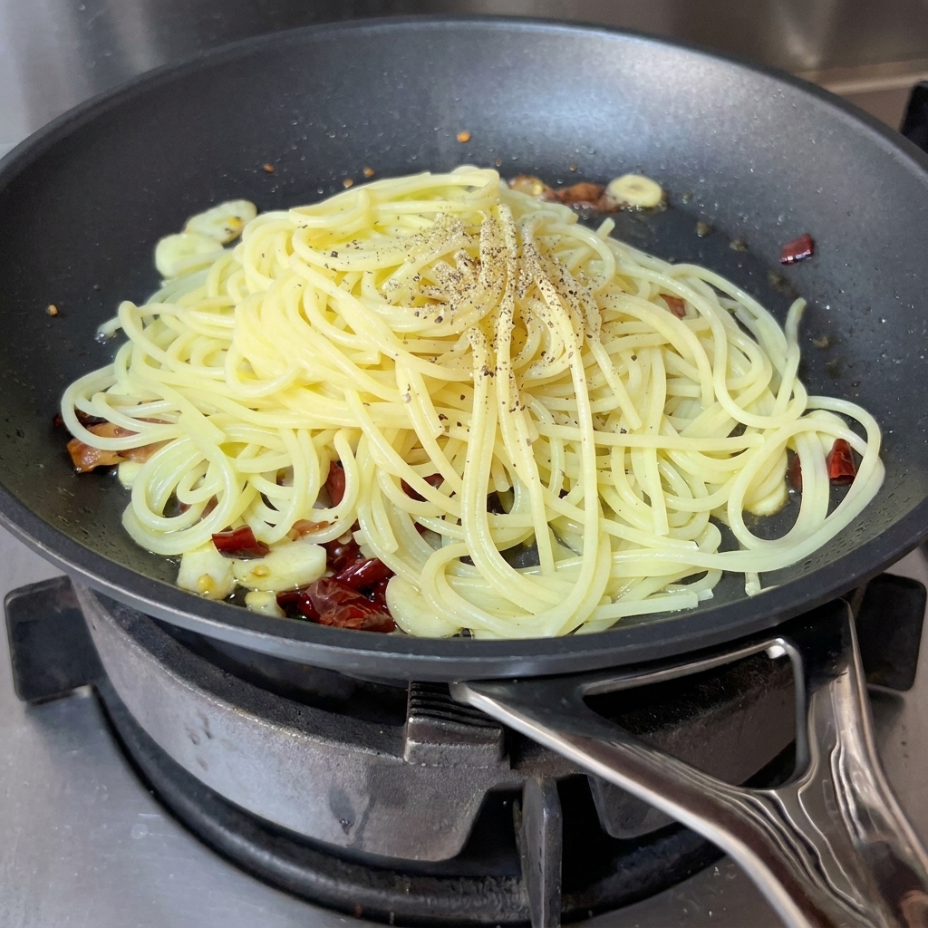 A hand using a pepper mill to add seasoning over a pan of cooked spaghetti, bacon, and chili.