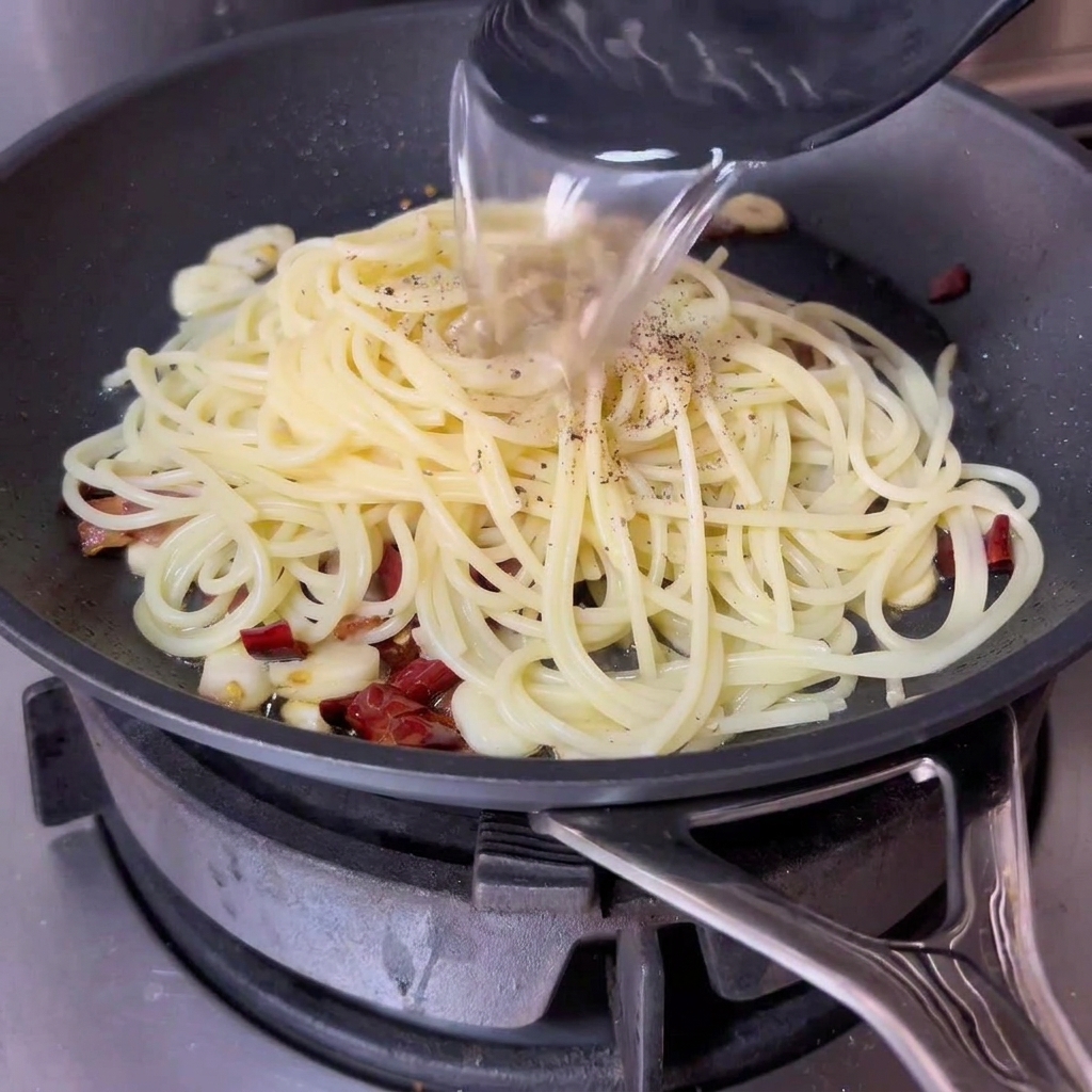 A ladle pouring cloudy pasta boiling water into a pan containing spaghetti and bacon.