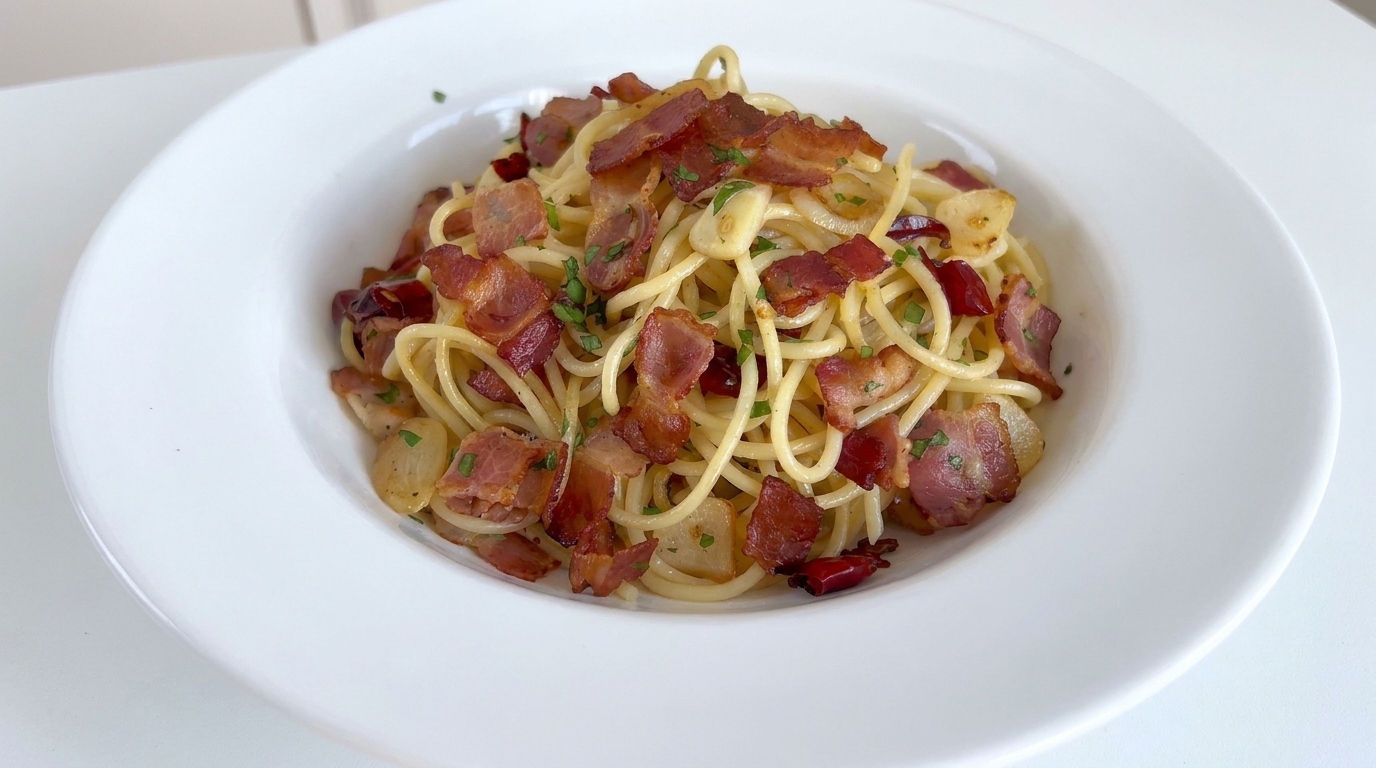 Classic Garlic and Bacon Spaghetti (Spaghetti Aglio, Olio e Peperoncino with Bacon)