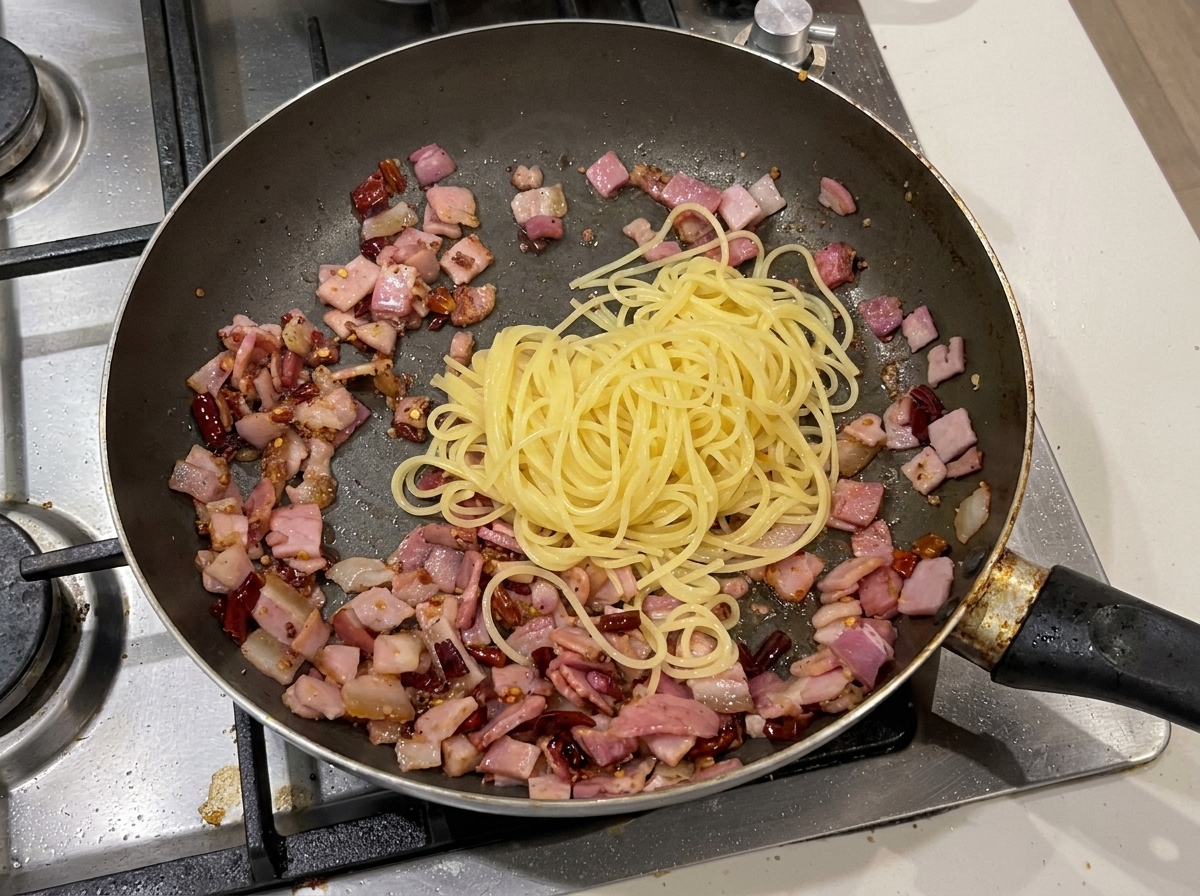 Cooked spaghetti noodles resting on top of diced bacon and dried red chili peppers inside a hot skillet before being tossed.