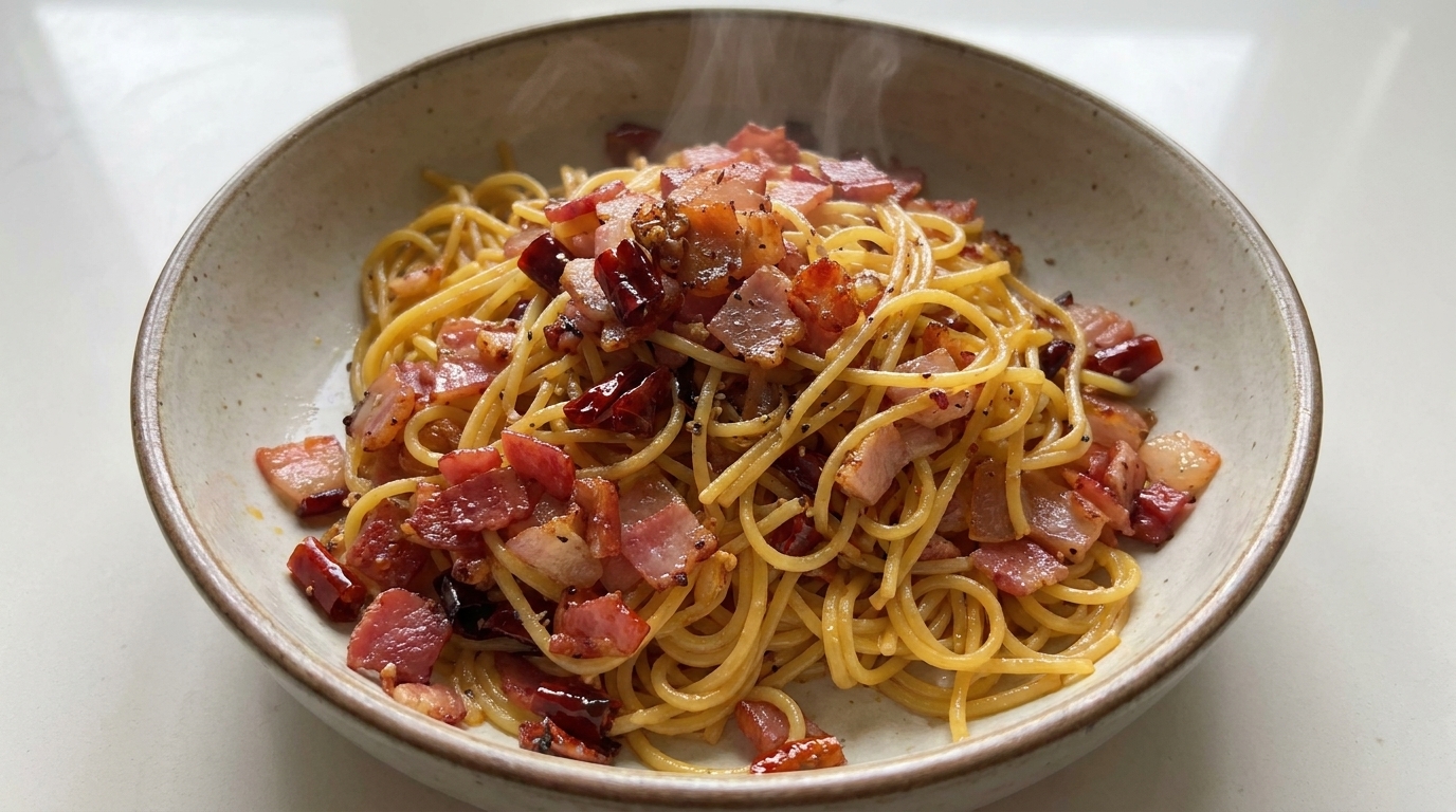 Garlic Bacon Pasta with Chili