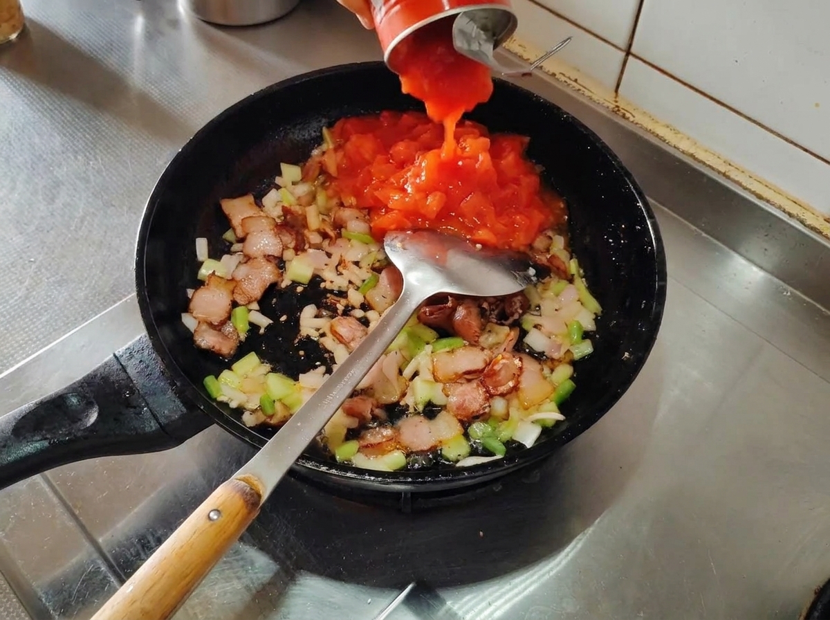 Canned diced tomatoes being poured from a tin into a skillet containing bacon, shallots, and celery.