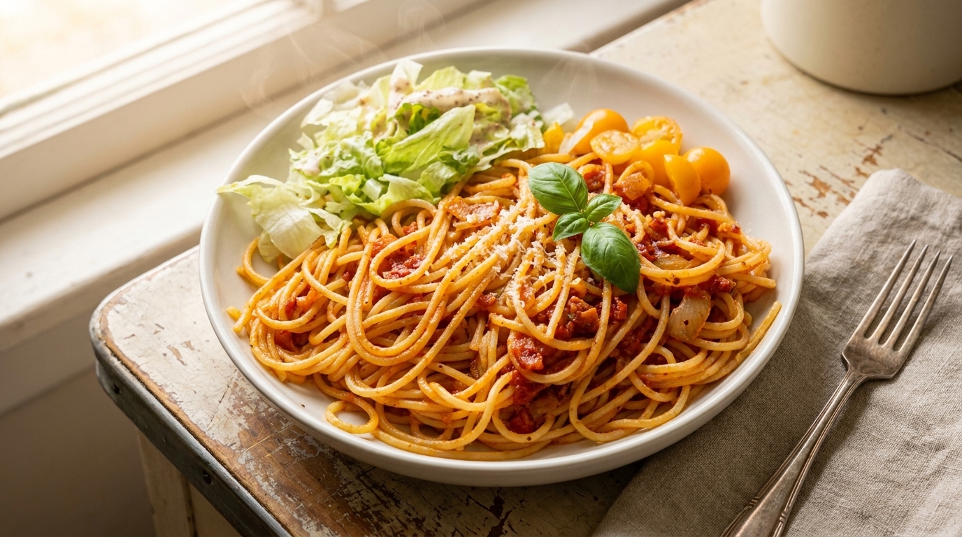 A perfectly plated portion of bacon tomato spaghetti served with a side of fresh lettuce and yellow cherry tomatoes.