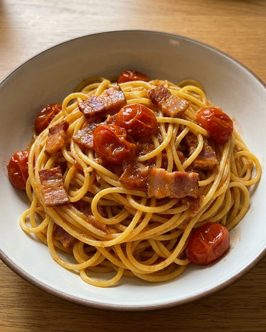 Spaghetti pasta being tossed in a pan with bacon and cherry tomatoes, coated in a rich, glossy sauce.