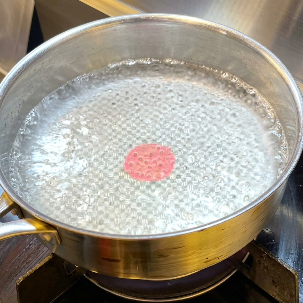 A pot of boiling water with bubbles visible, ready for pasta.