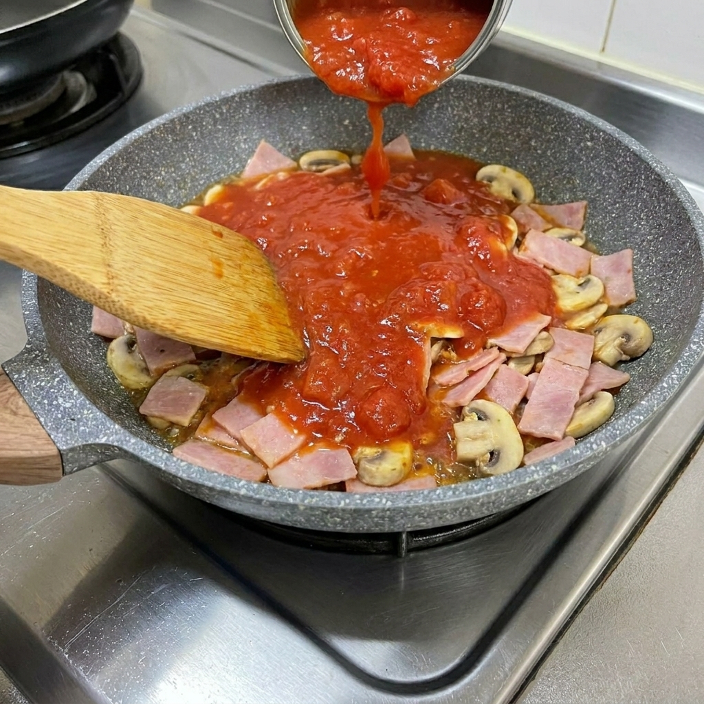 Crushed tomatoes being poured into a pan containing bacon and garlic.