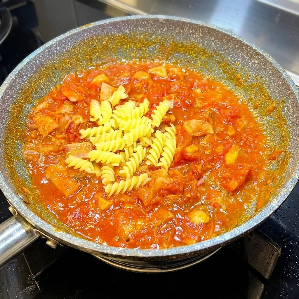 Cooked fusilli being stirred into a rich tomato and bacon sauce.