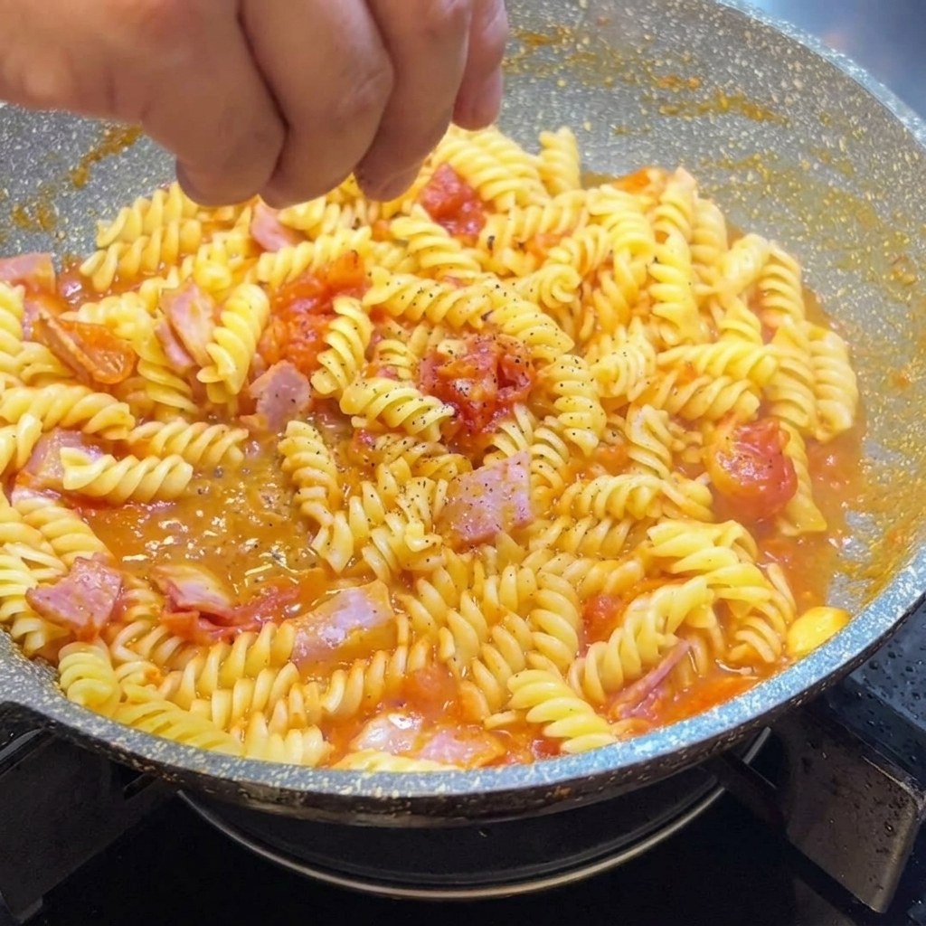 A pan filled with fusilli pasta, bacon, and tomato sauce being seasoned with freshly ground black pepper.