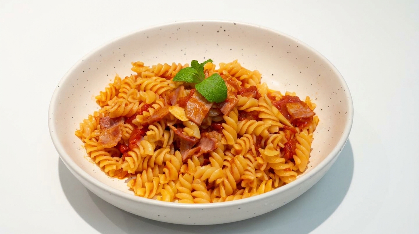 A bowl of tomato bacon fusilli topped with a fresh mint leaf.