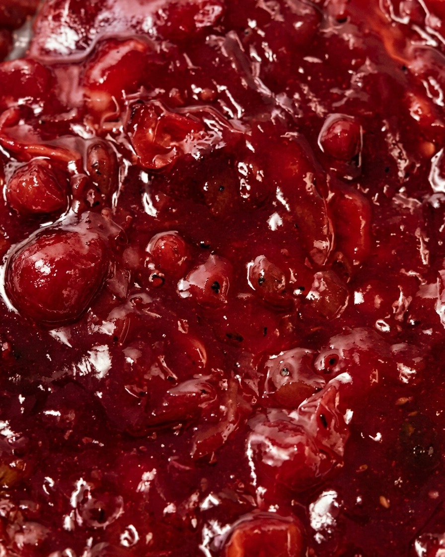 Close-up of seasonings being sprinkled from above into a pan of simmering tomato and bacon sauce.