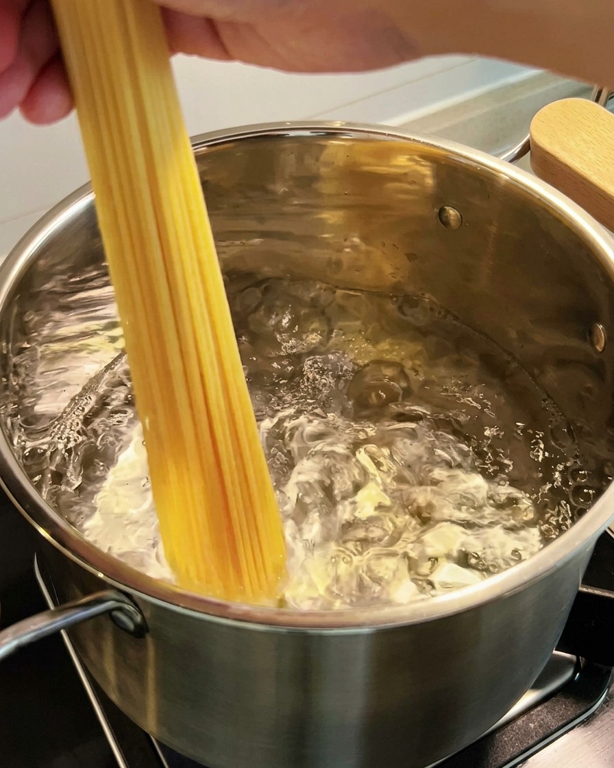 Spaghetti noodles being submerged into a pot of boiling water.