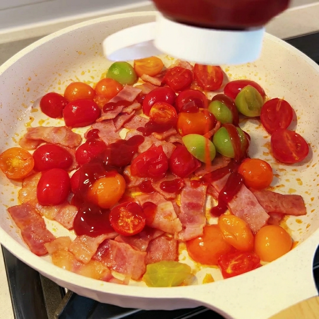 Tomato sauce being squeezed from a bottle onto bacon and cherry tomatoes in a white pan.