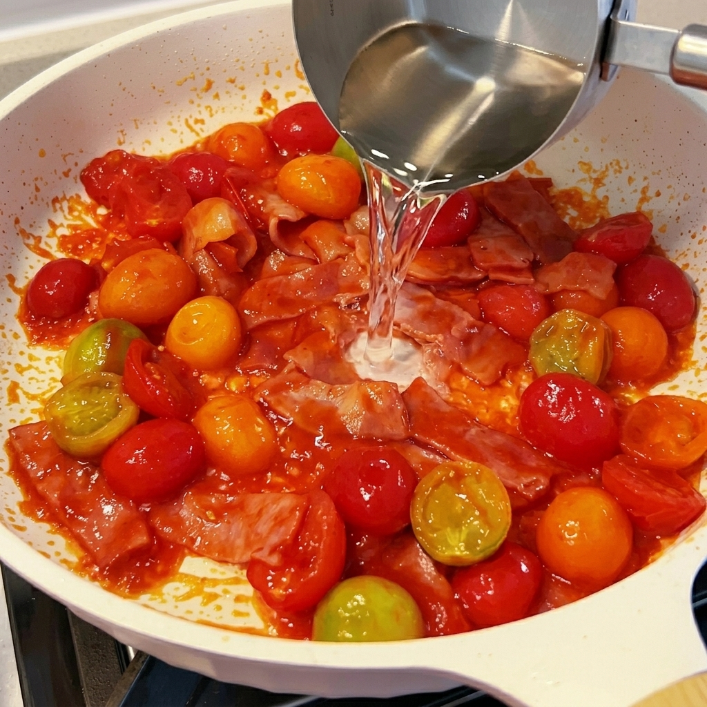 Water being poured into a pan containing cooked bacon and tomatoes.