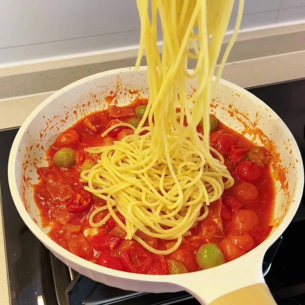 Cooked spaghetti noodles being mixed into the creamy tomato and bacon sauce.