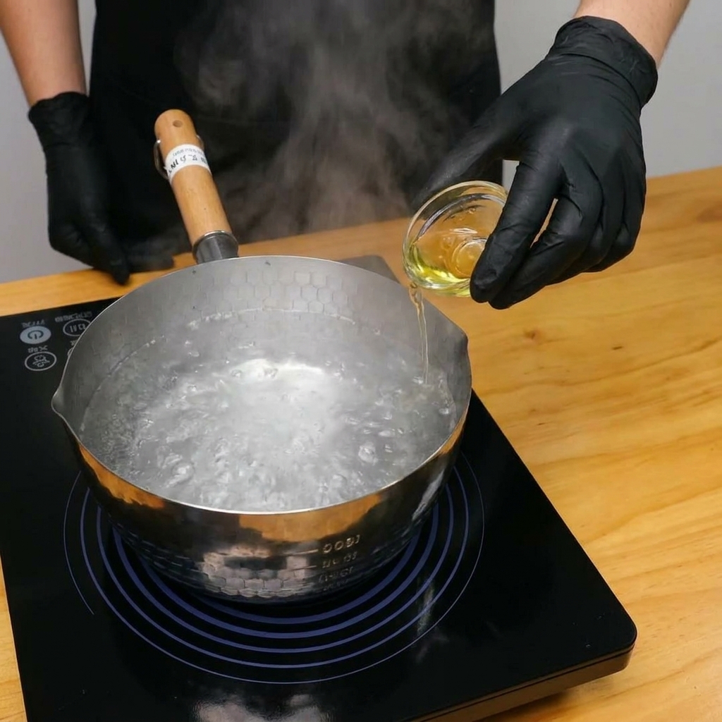 Dried penne pasta being added to a pot of boiling water.