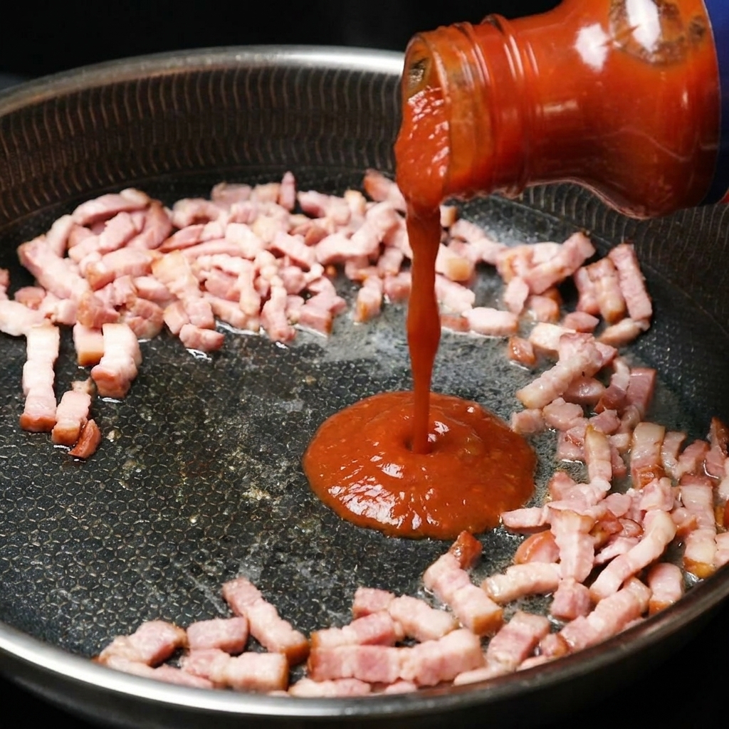 Tomato vegetable pasta sauce being poured into a pan with cooked bacon pieces.