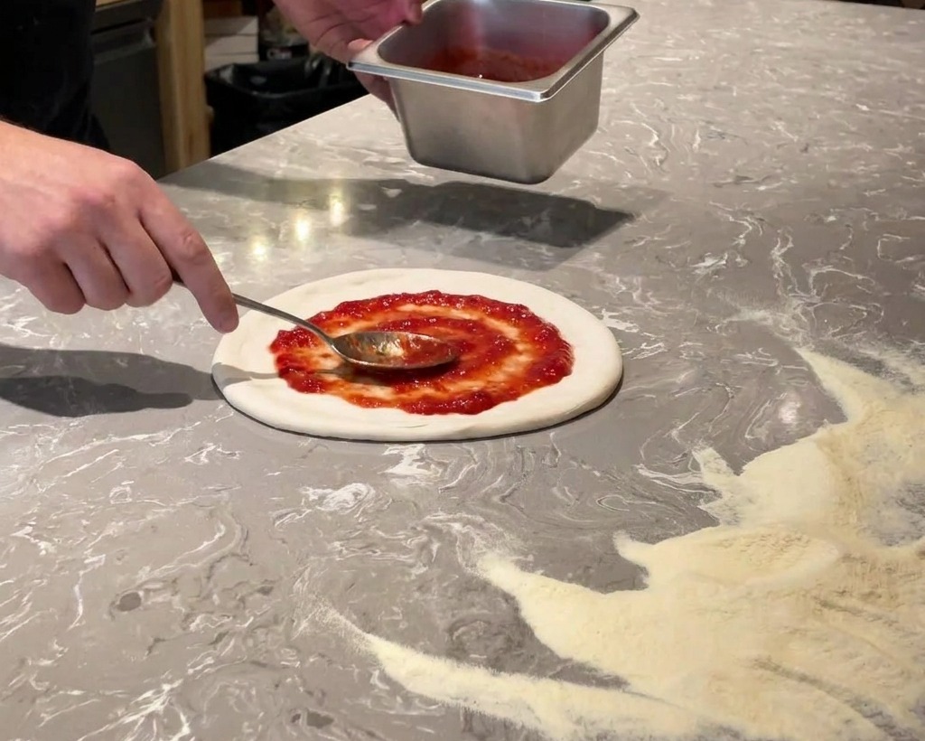 A metal spoon spreading vibrant red tomato sauce in a circular motion over a flattened round of pizza dough.