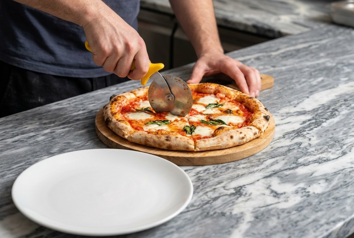 A raw pizza base topped with pieces of white mozzarella cheese and fresh green basil leaves.