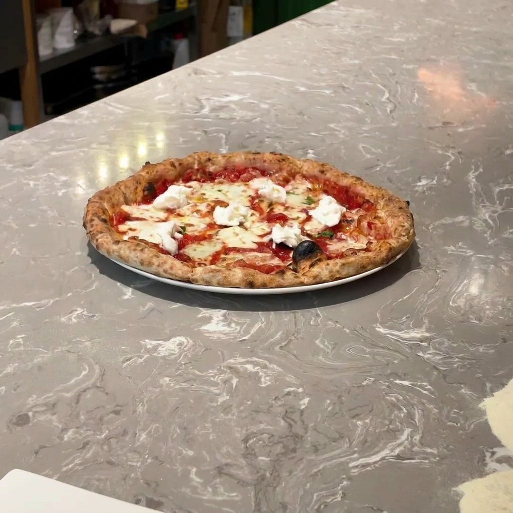 Fresh buffalo mozzarella being torn and placed onto a baked pizza crust.