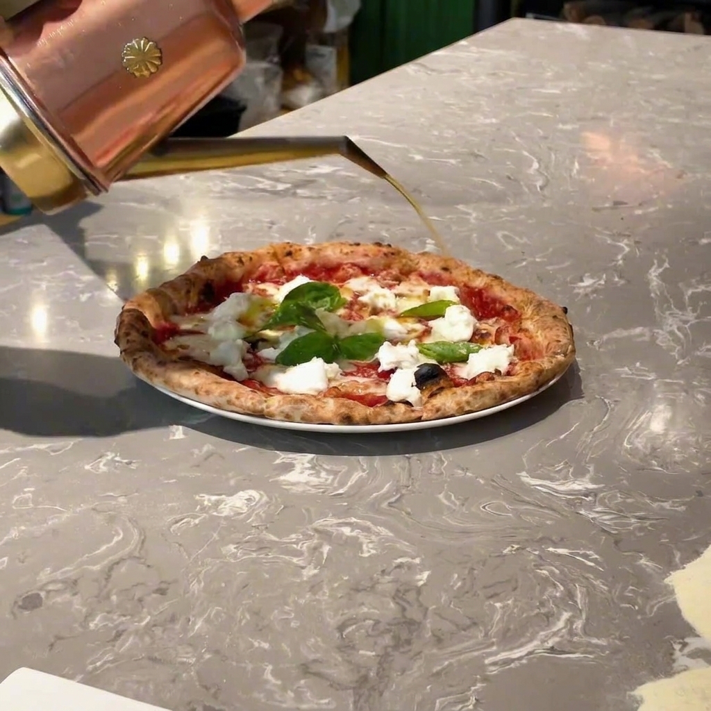 Olive oil being drizzled from a copper dispenser over a finished pizza garnished with basil and mozzarella.