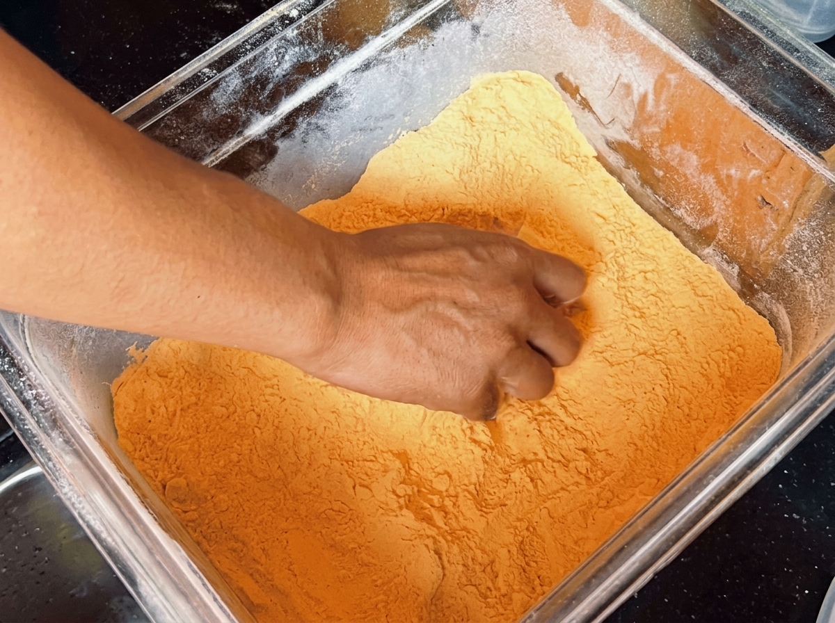 Pizza dough being pressed into yellow cornmeal in a container.