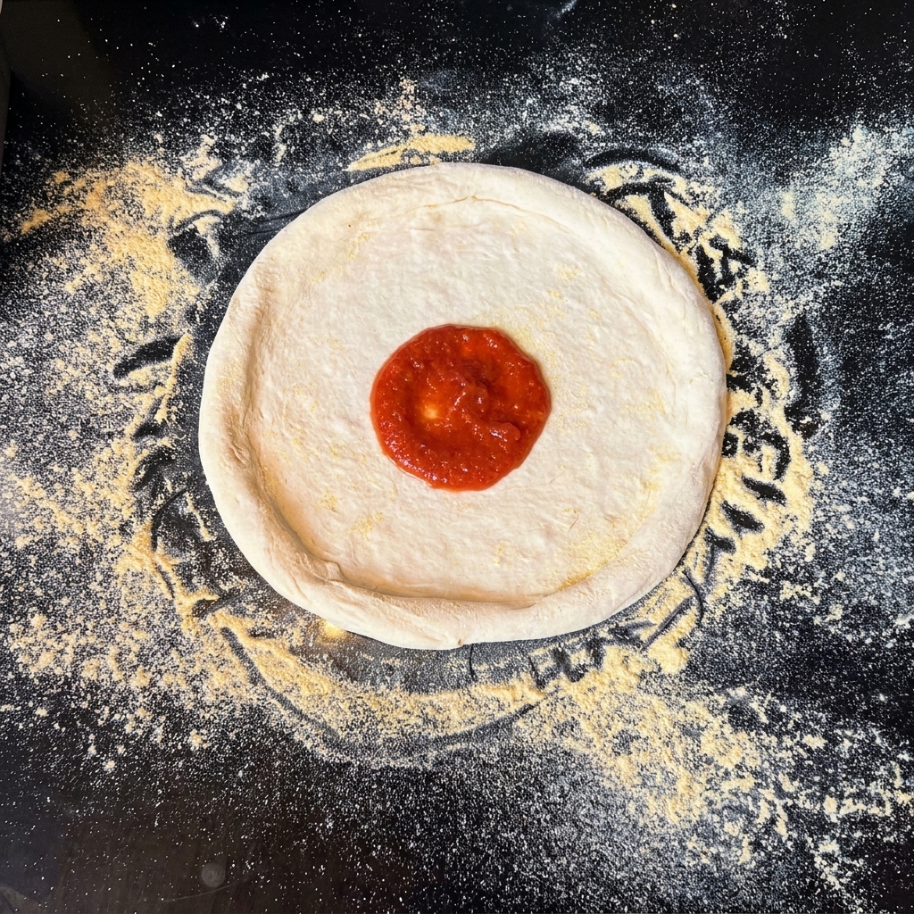 A stretched circular pizza dough on a black countertop with a generous dollop of red tomato sauce placed in the center.