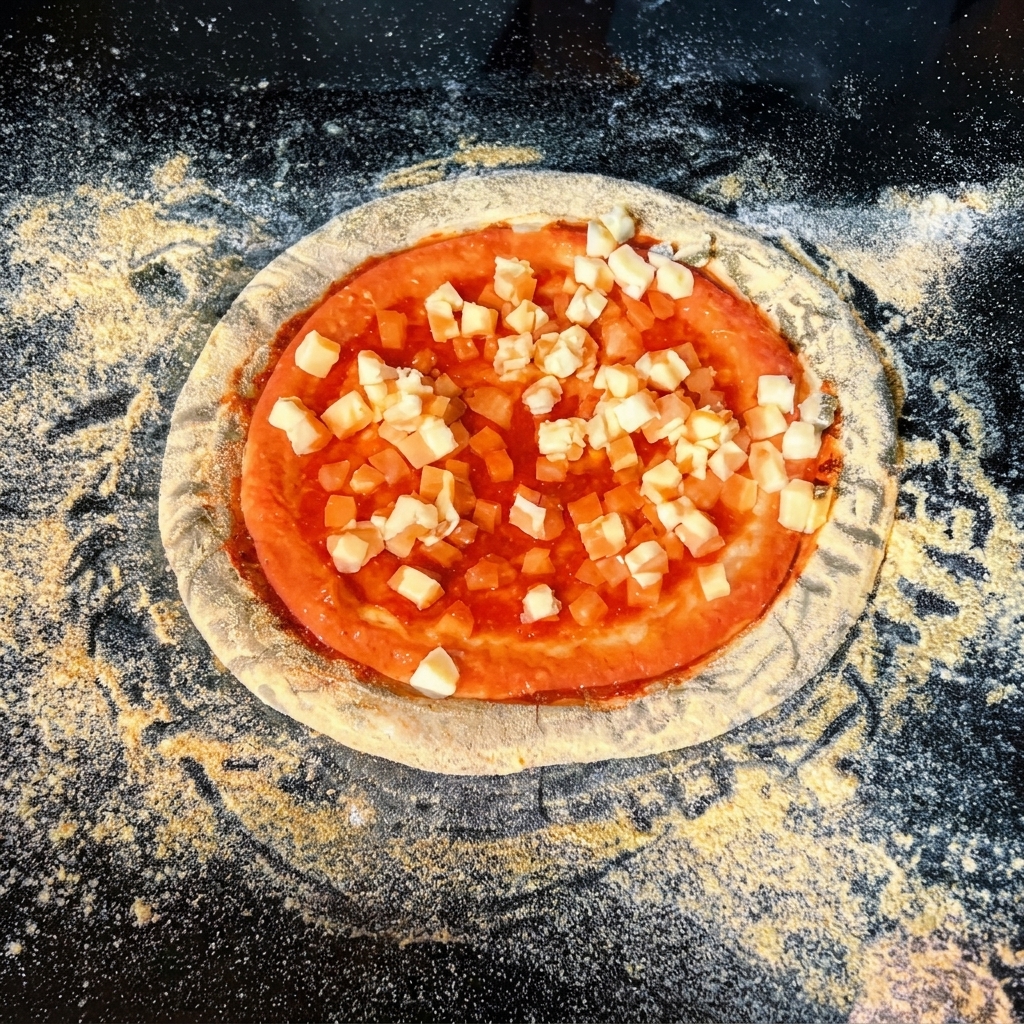 Pizza dough topped with red tomato sauce and generously sprinkled with small cubes of white mozzarella cheese.