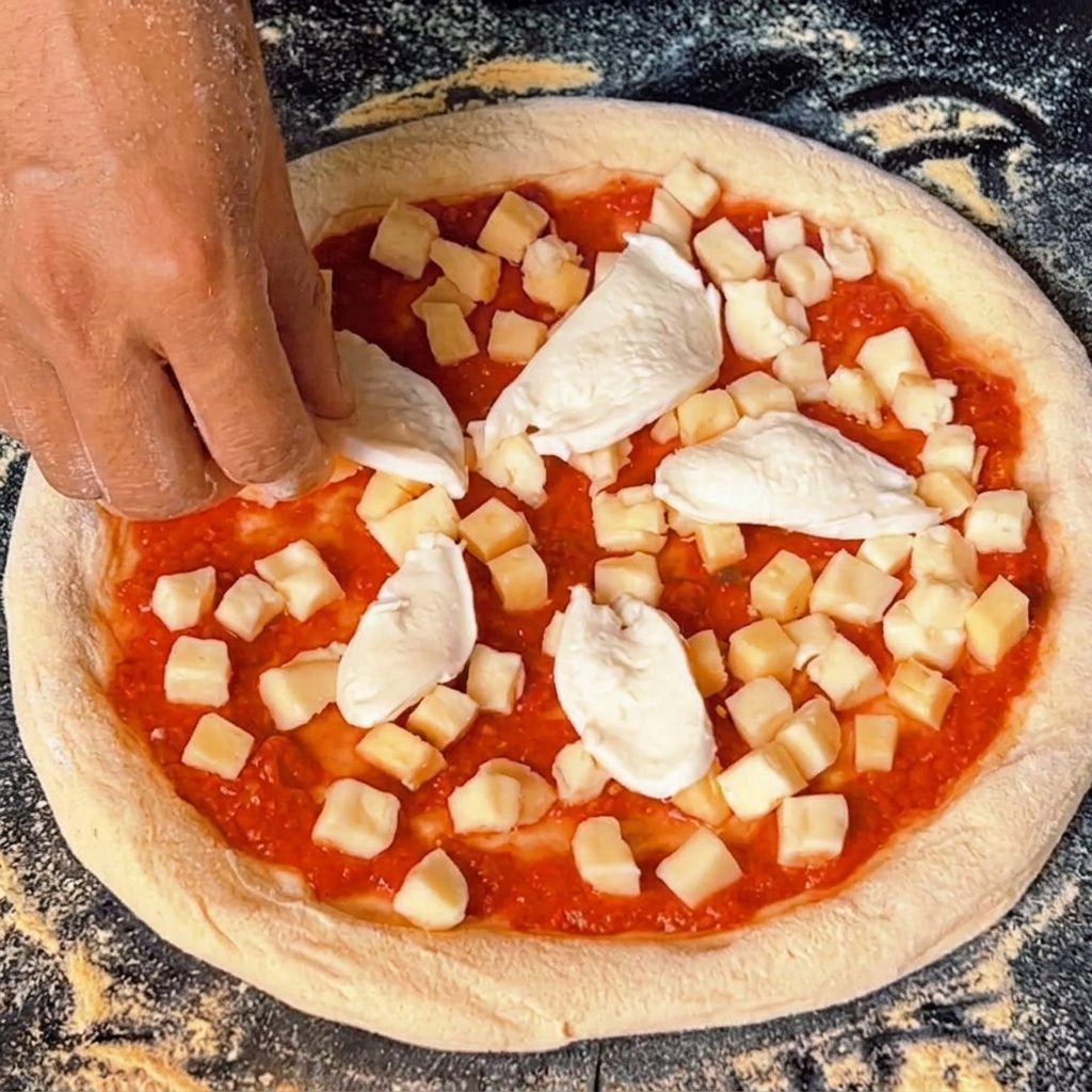 A hand placing thick, torn pieces of fresh white buffalo mozzarella onto a pizza prepared with tomato sauce and diced cheese.