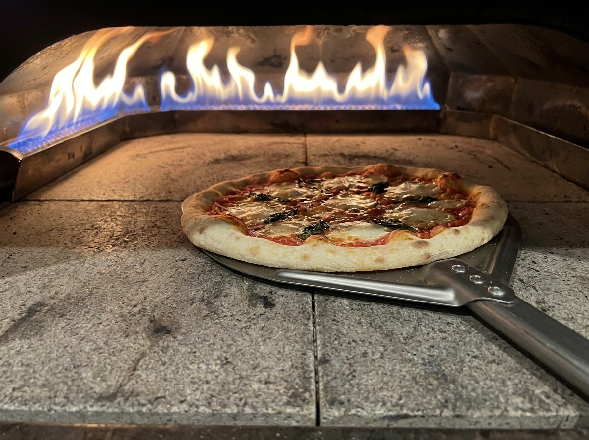 A Margherita pizza baking inside a hot oven near flames.