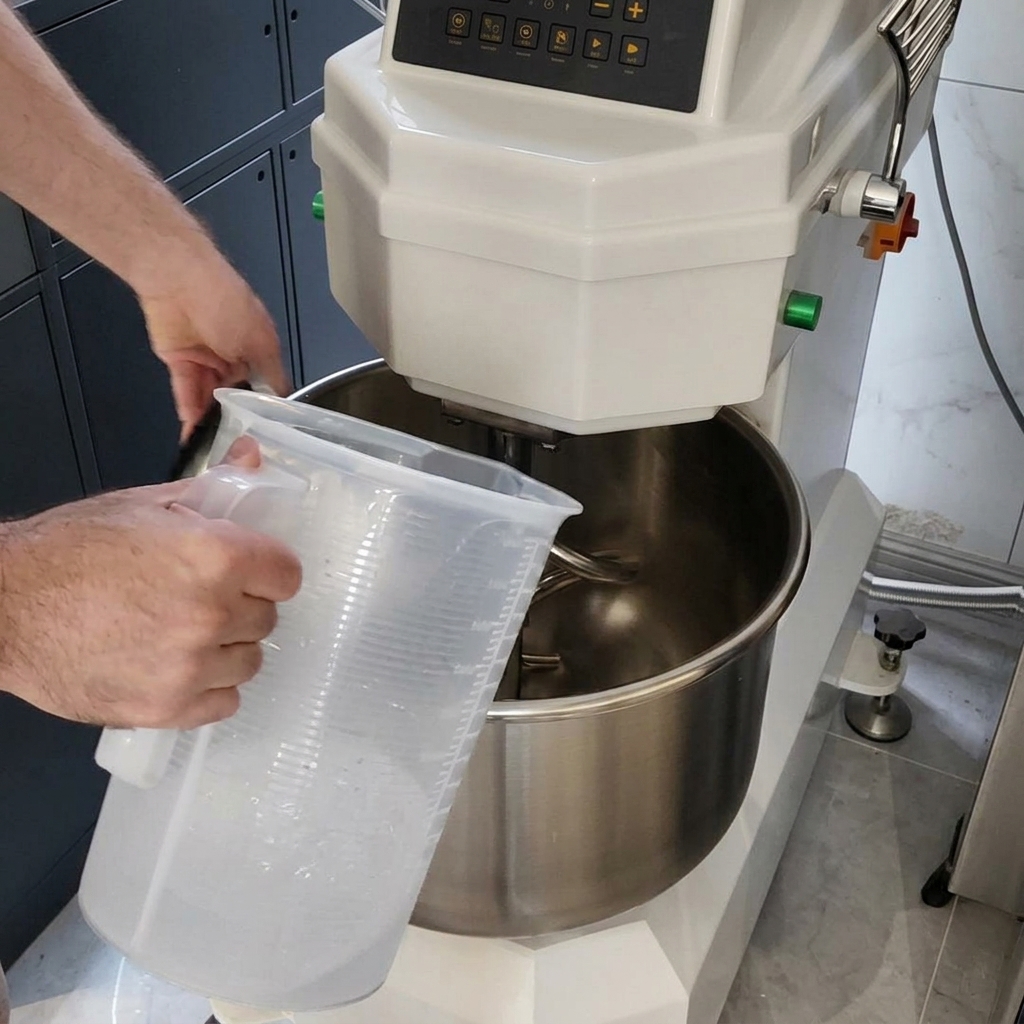 A round ball of pizza dough being smoothed and tensioned by rotating it on the table.