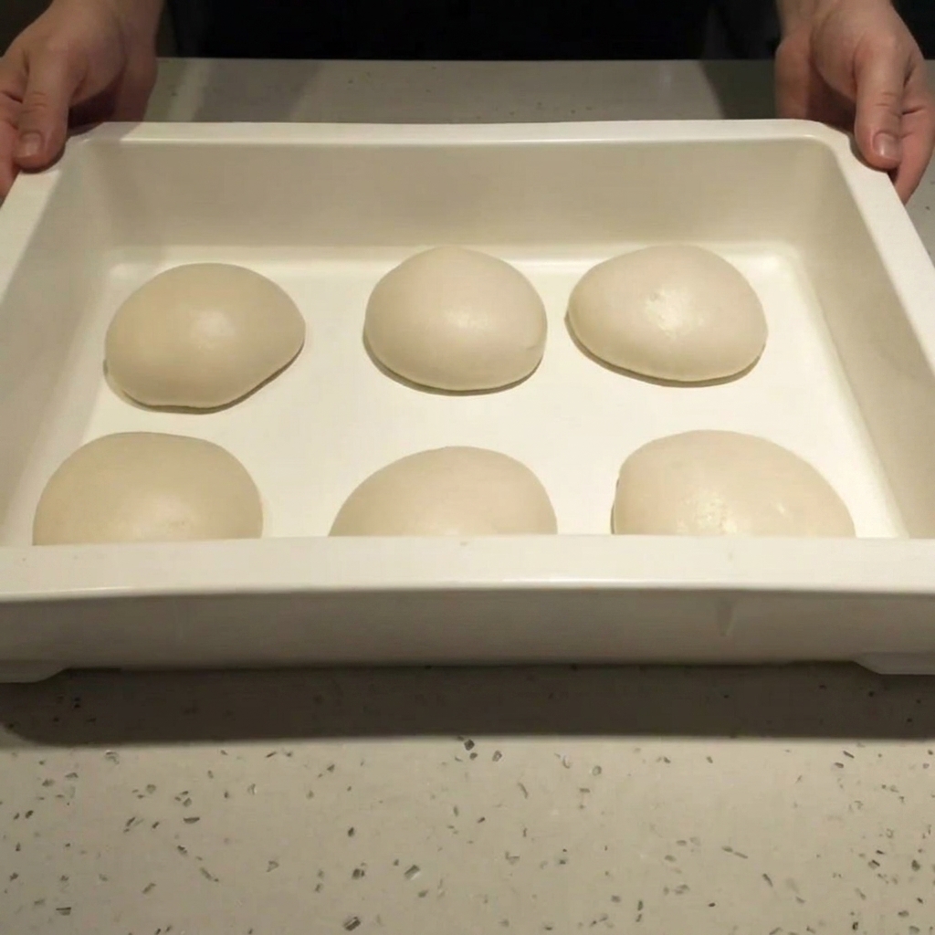A spoon spreading tomato sauce in a circular pattern over the flattened pizza dough.