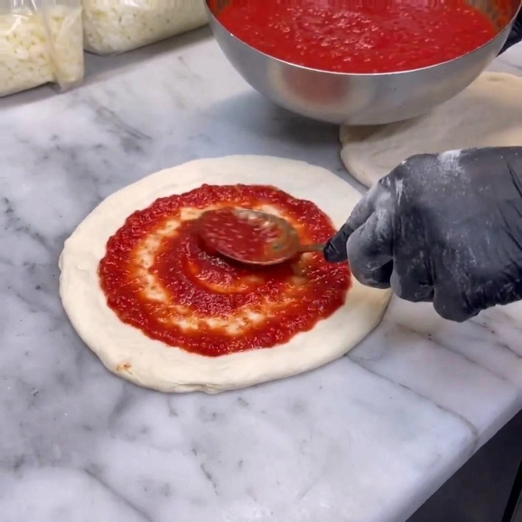 A spoonful of vibrant red tomato sauce being spread evenly onto a circular piece of raw pizza dough on a marble surface.