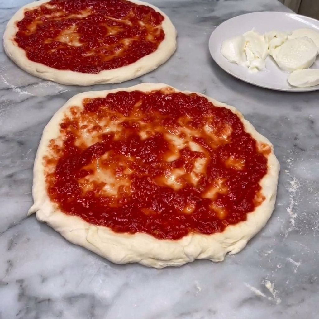 Finely grated yellow Parmigiano cheese being scattered over two tomato-sauced pizza bases.