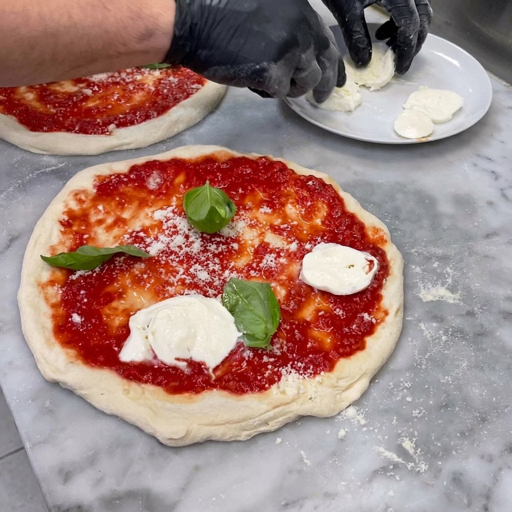 Slices of white buffalo mozzarella being carefully positioned onto a prepared pizza base.