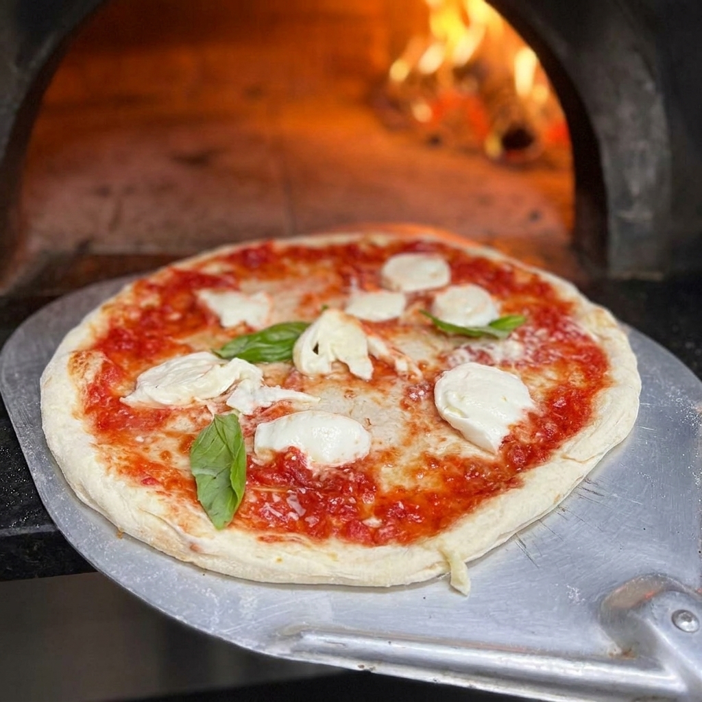 A freshly assembled Margherita pizza being placed into the glowing opening of a hot wood-fired oven using a long metal peel.