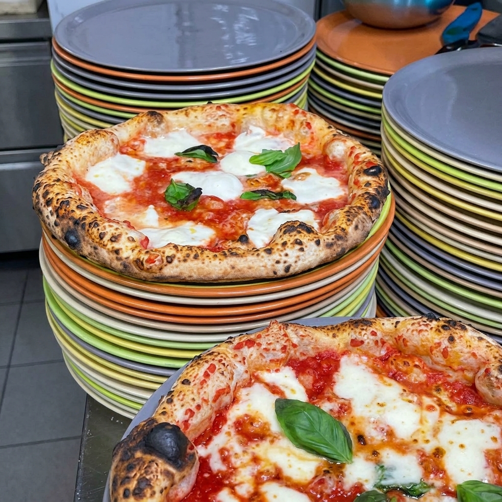 Fresh green basil leaves being sprinkled over the steaming hot Margherita pizzas.