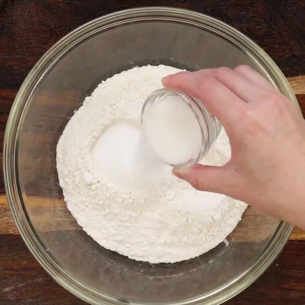 A hand pouring granulated sugar into a large glass bowl containing bread flour and salt.